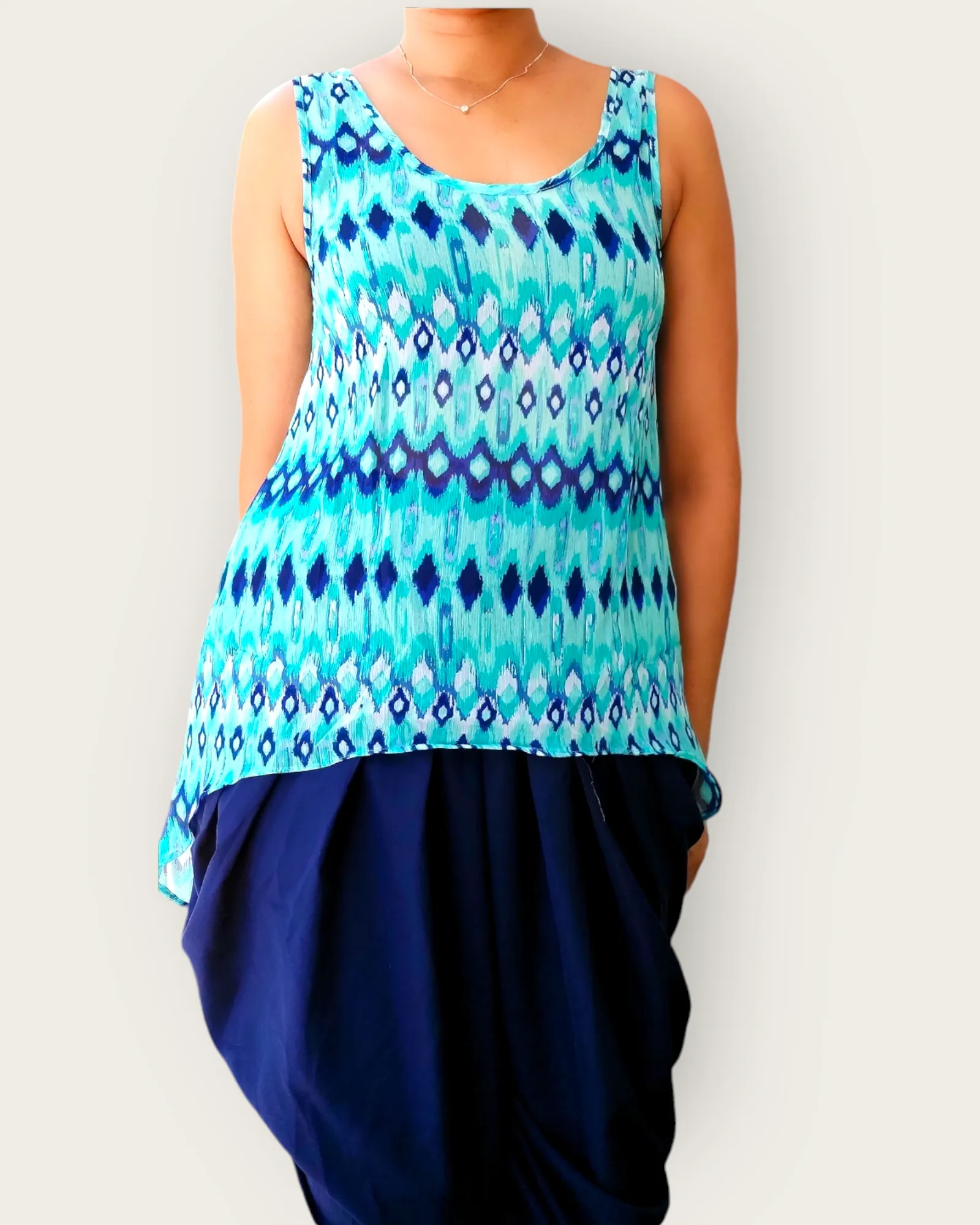 1232 -Ikat Print Tank/ Top/ Hi/Lo- Aqua