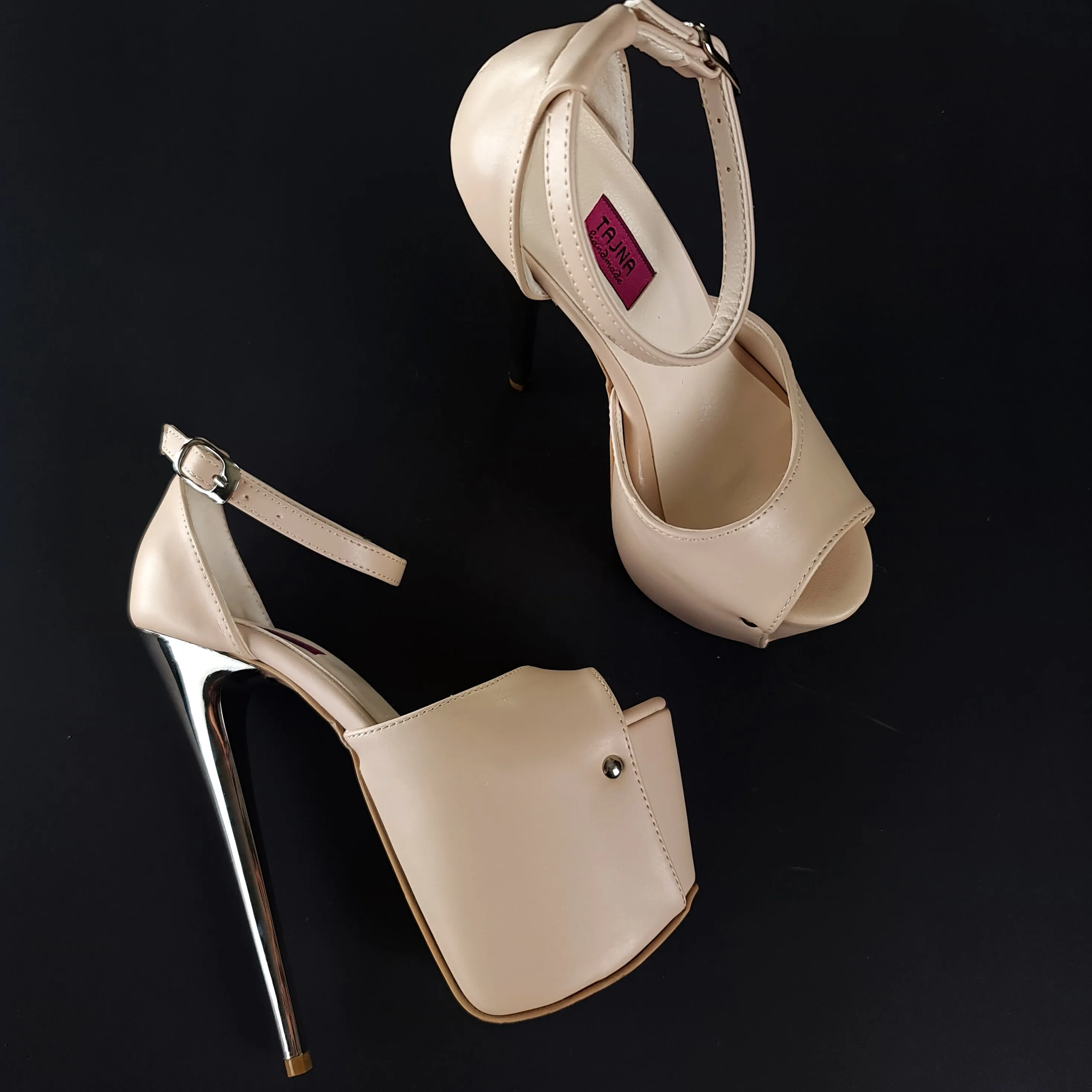 Beige Nude Ankle Strap Metallic High Heels