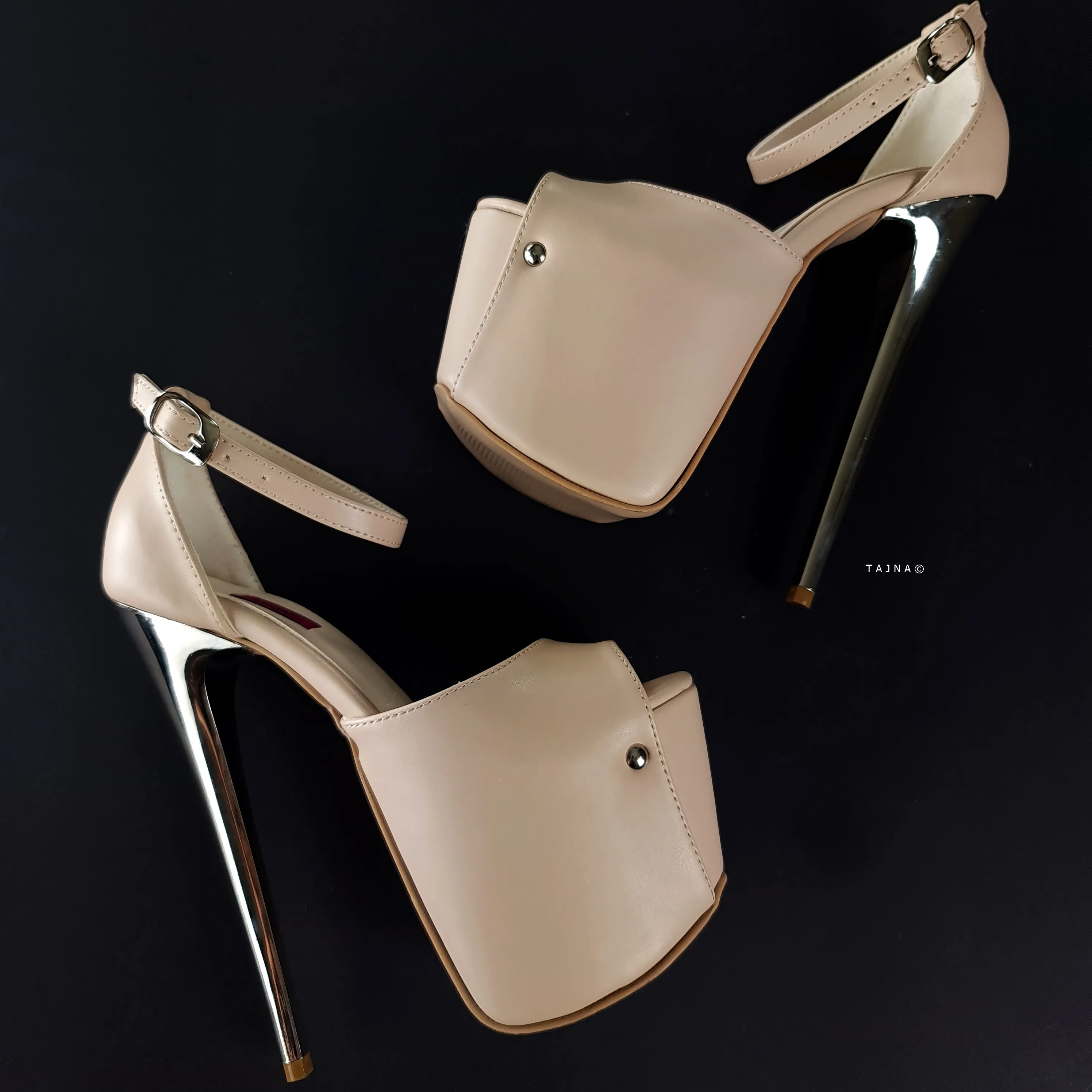 Beige Nude Ankle Strap Metallic High Heels