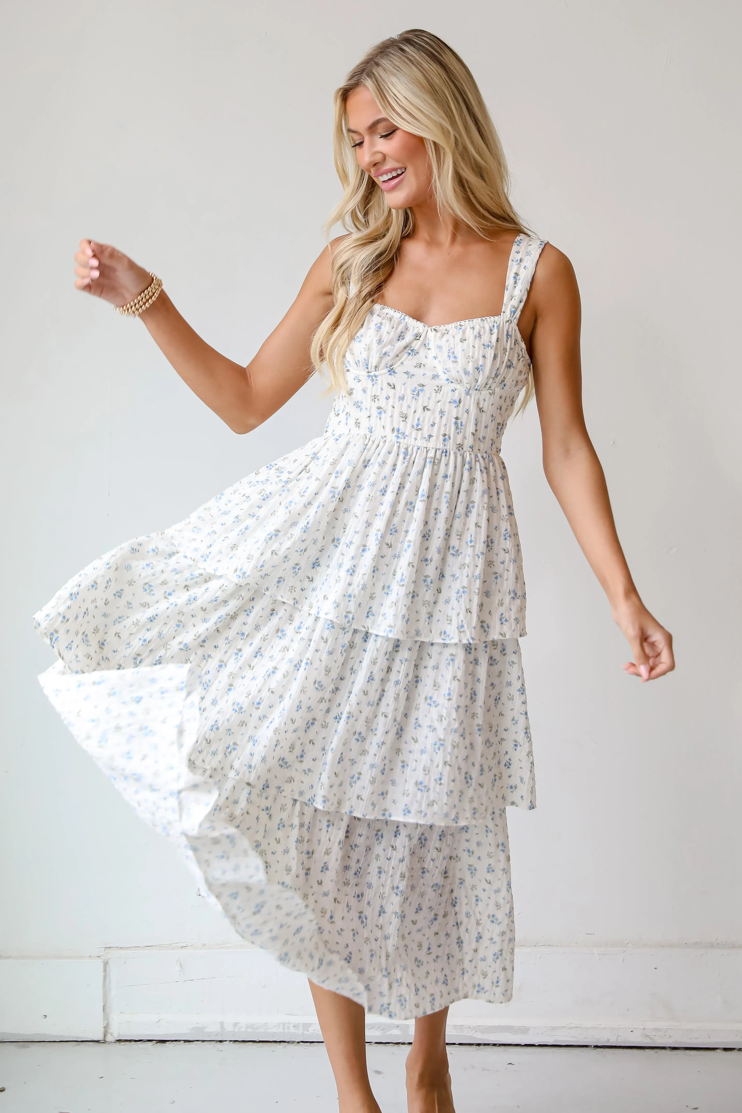 Caught Your Interest Ivory Floral Tiered Midi Dress