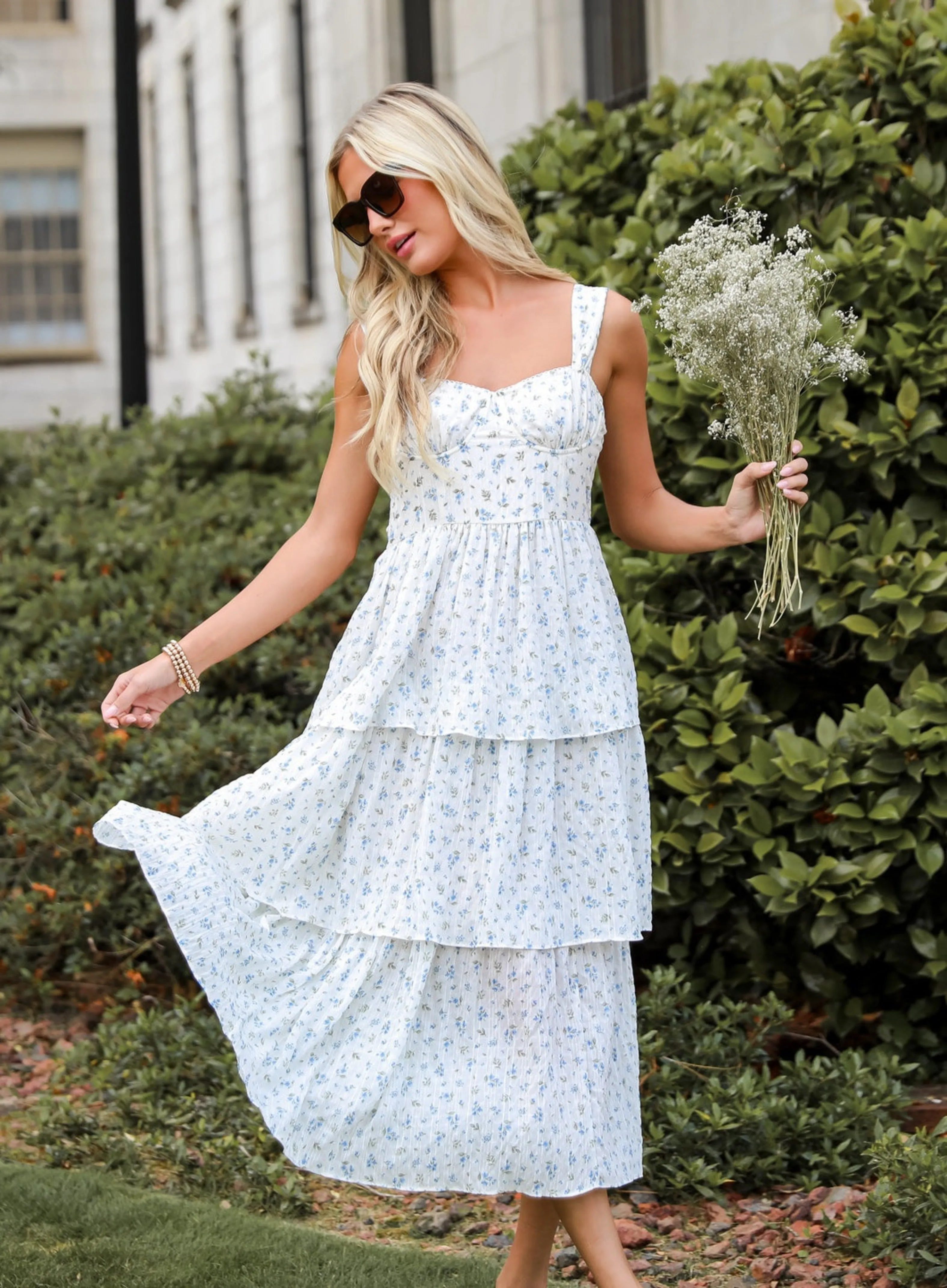 Caught Your Interest Ivory Floral Tiered Midi Dress