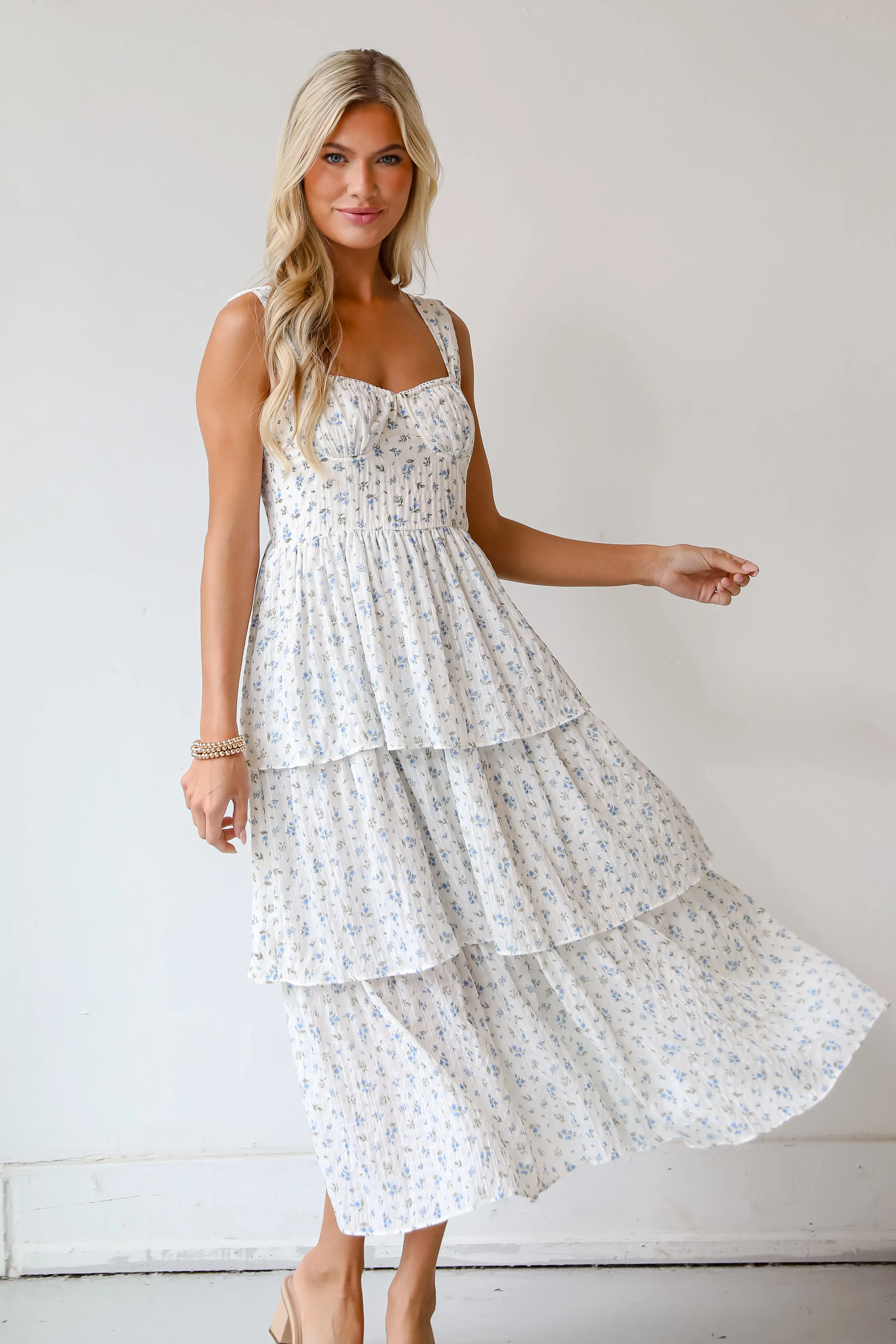 Caught Your Interest Ivory Floral Tiered Midi Dress