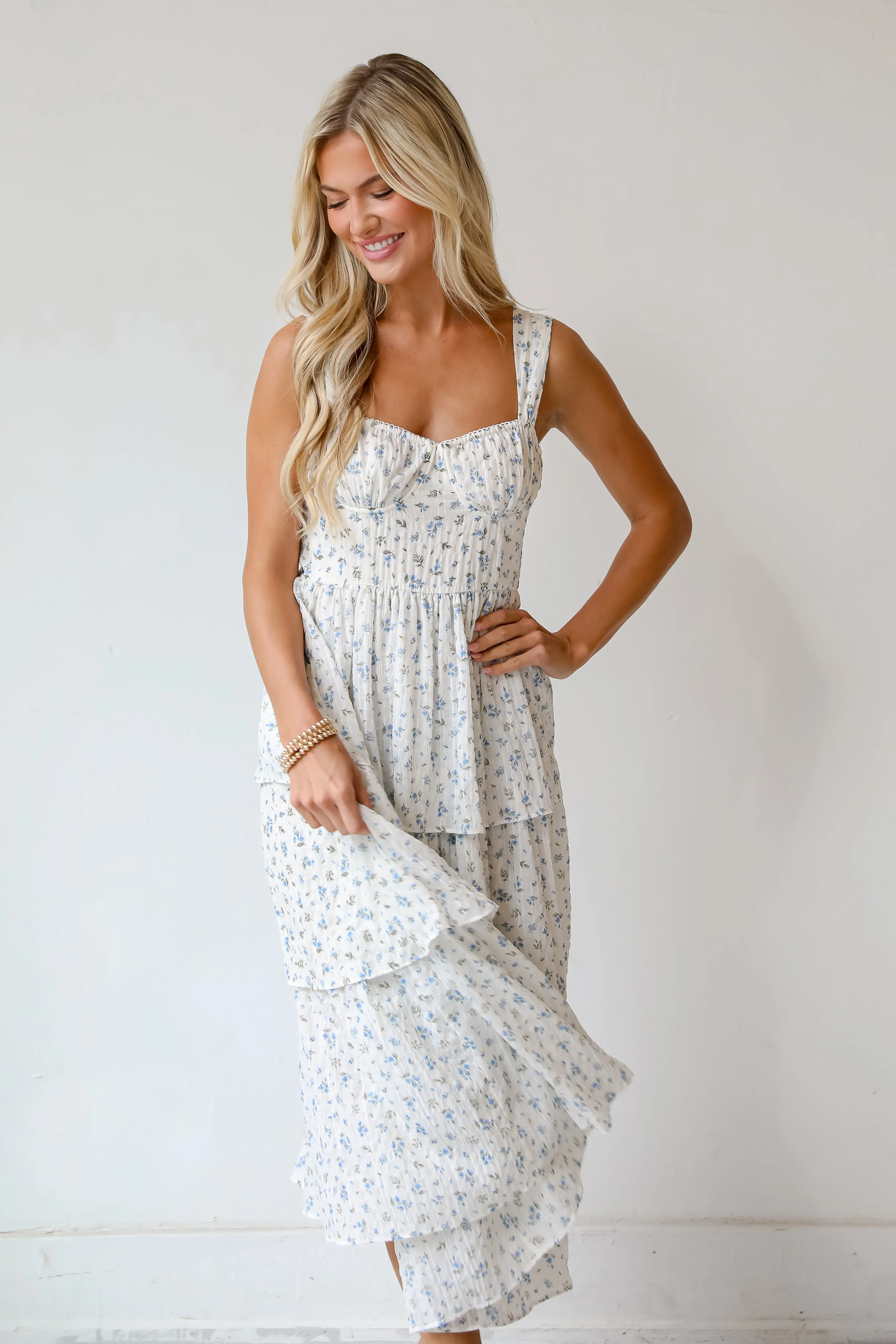 Caught Your Interest Ivory Floral Tiered Midi Dress