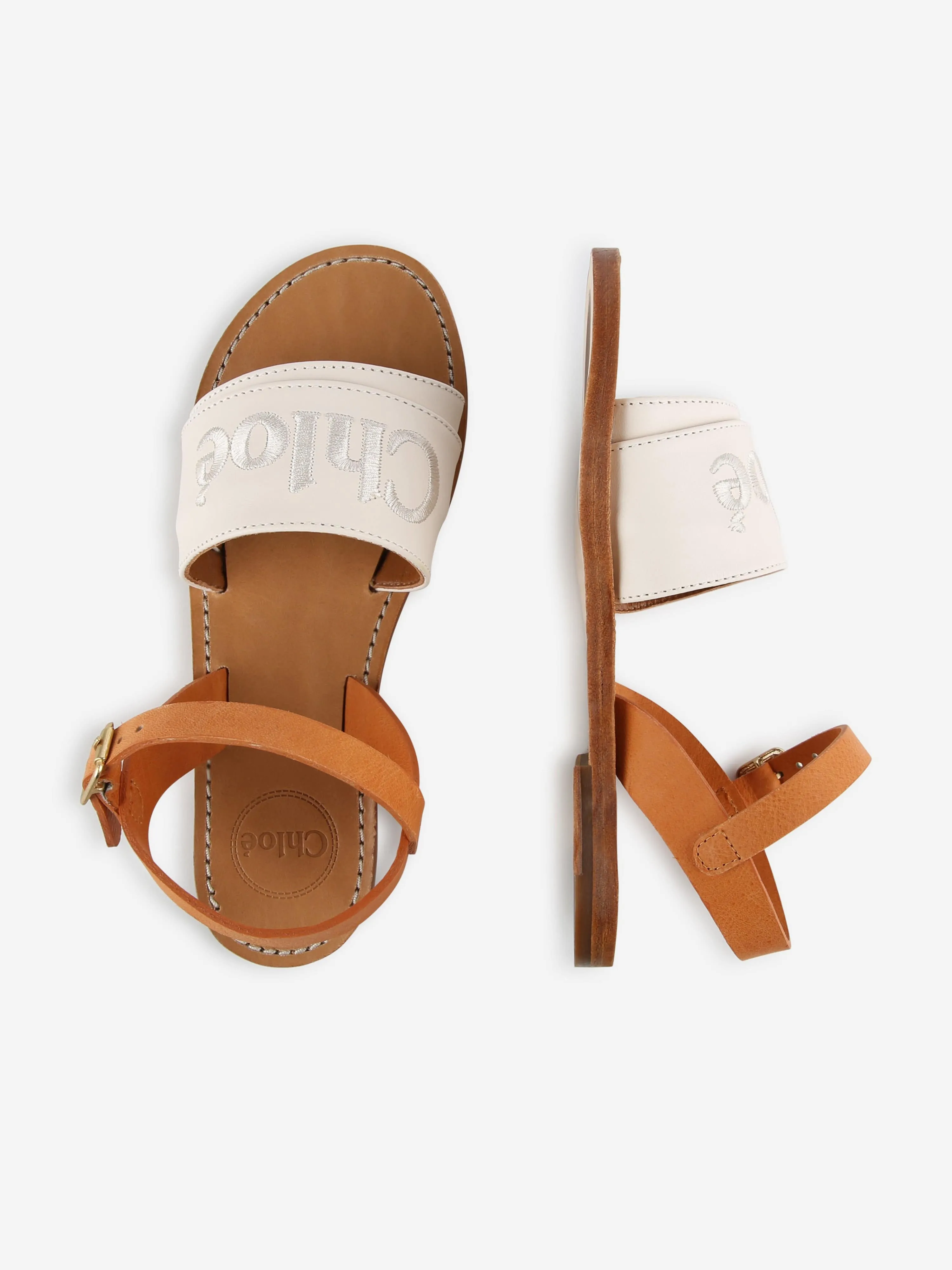 Chloé Girls Leather Logo Sandals in Ivory