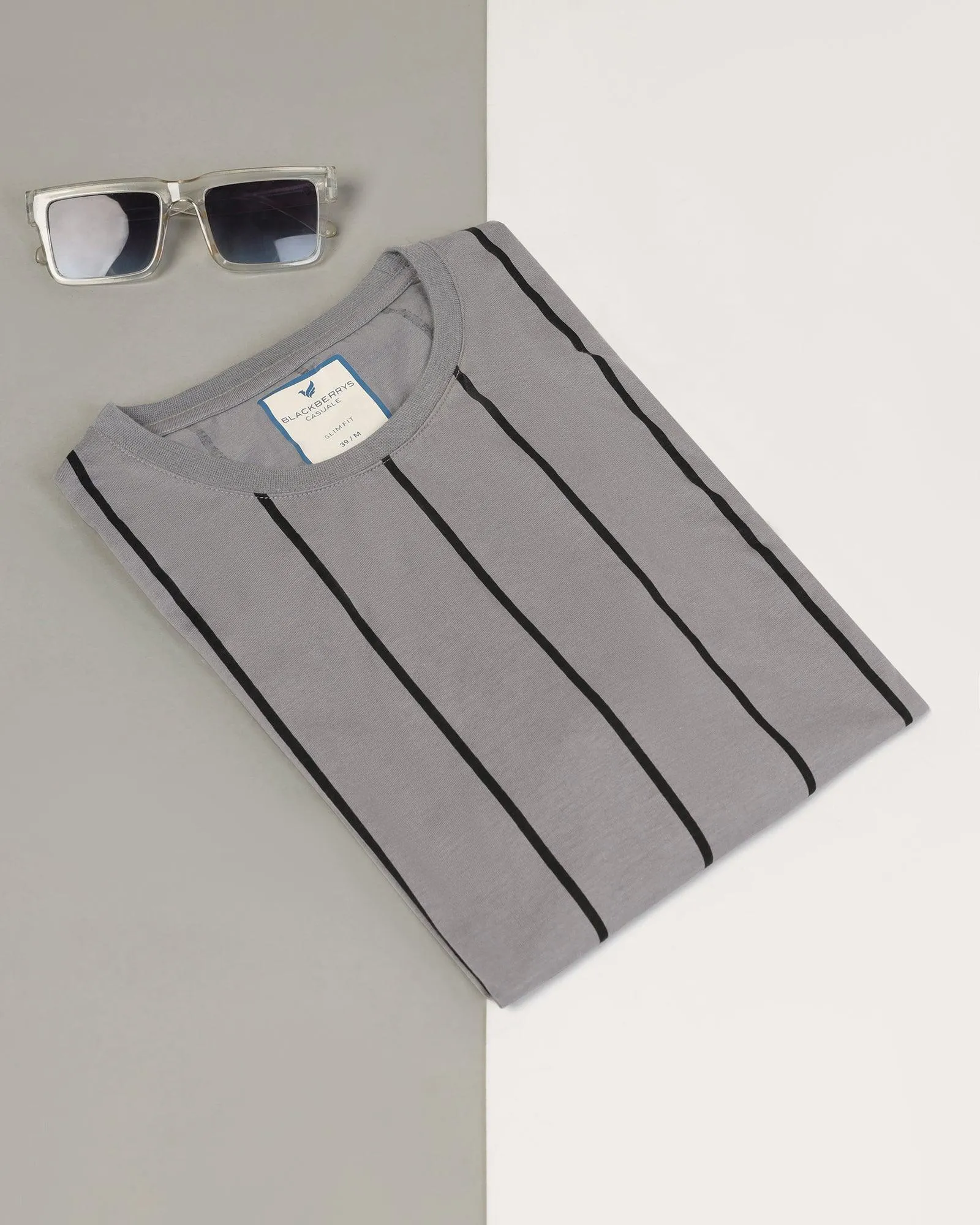 Crew Neck Taupe Grey Stripe T-Shirt - Ginger