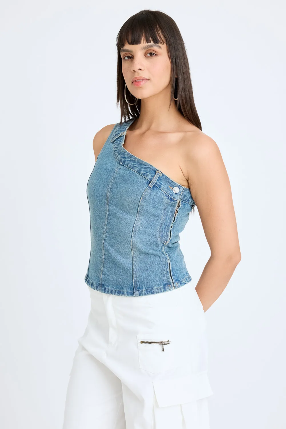 Denim One-Shoulder Top