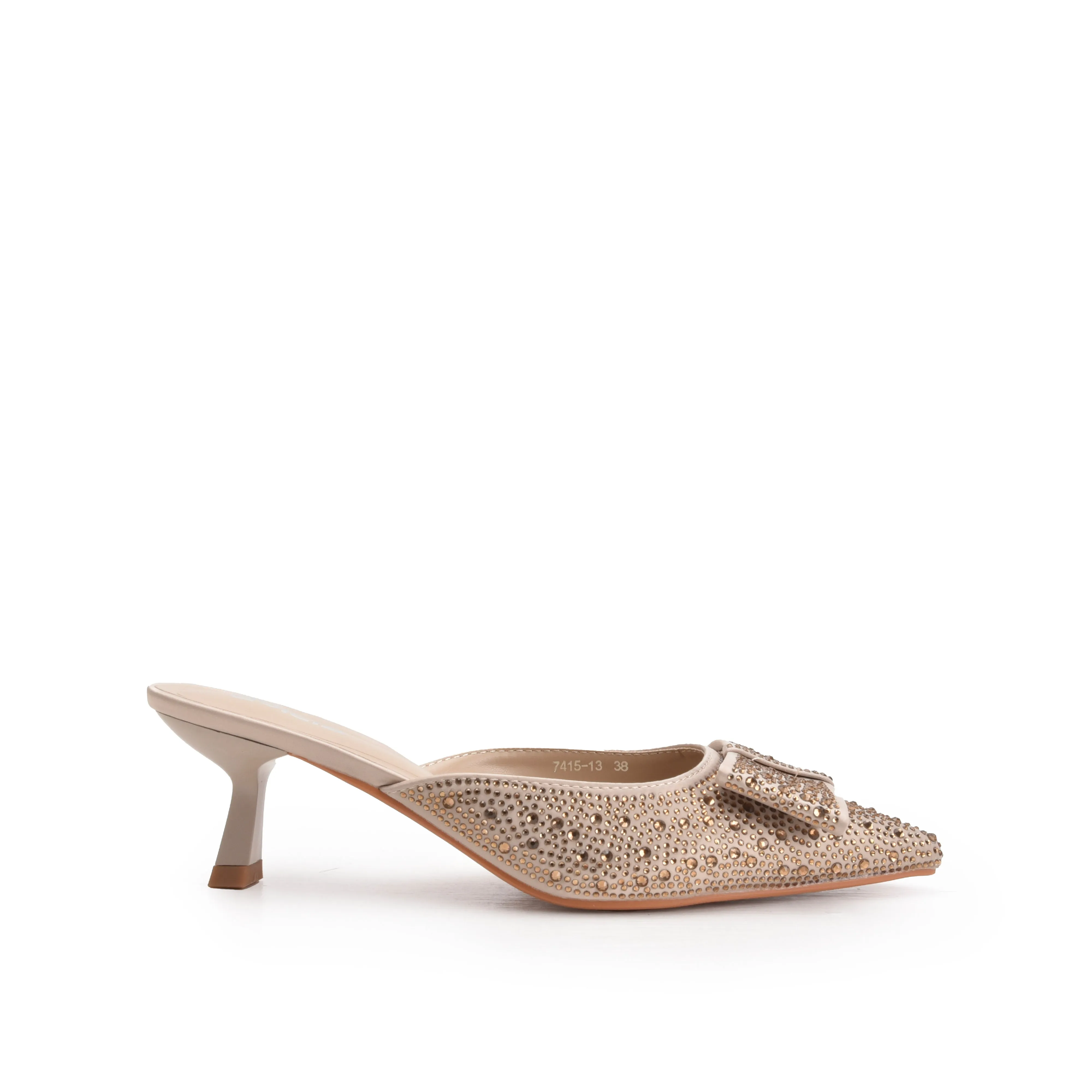 Elegant Beige Embellished Kitten Heel Mules | 424N-X