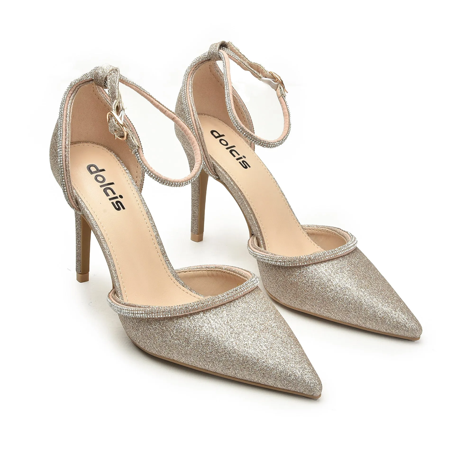 Elegant Gold Glitter Ankle Strap Heels | 440N-X