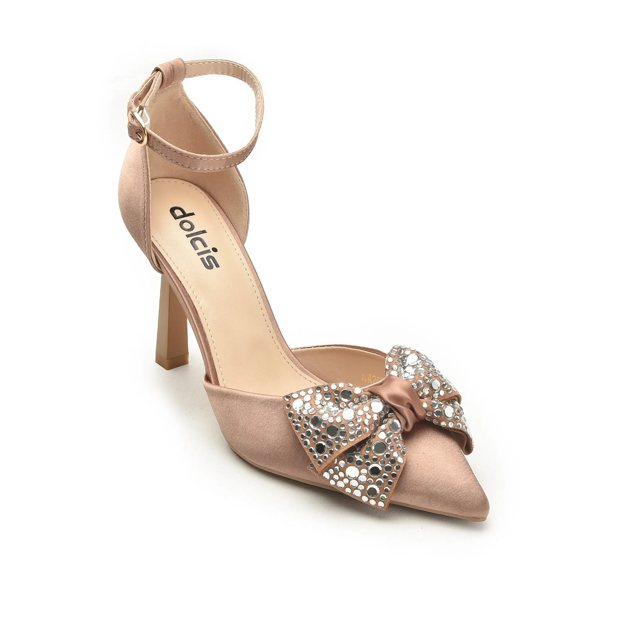 Elegant Nude Satin Heels with Rhinestone Bow | 441N-X