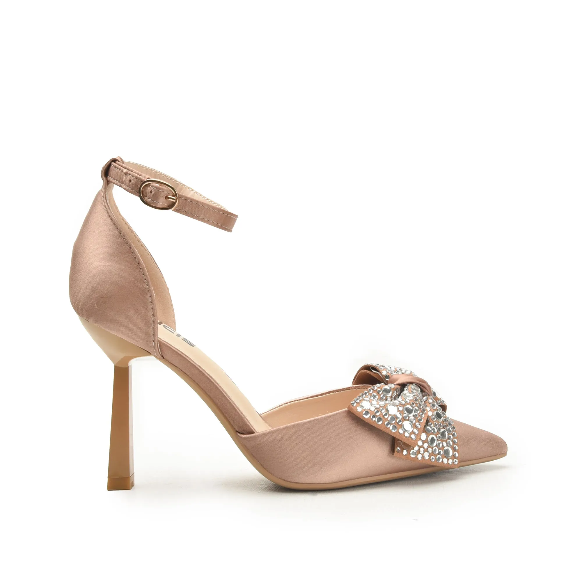 Elegant Nude Satin Heels with Rhinestone Bow | 441N-X