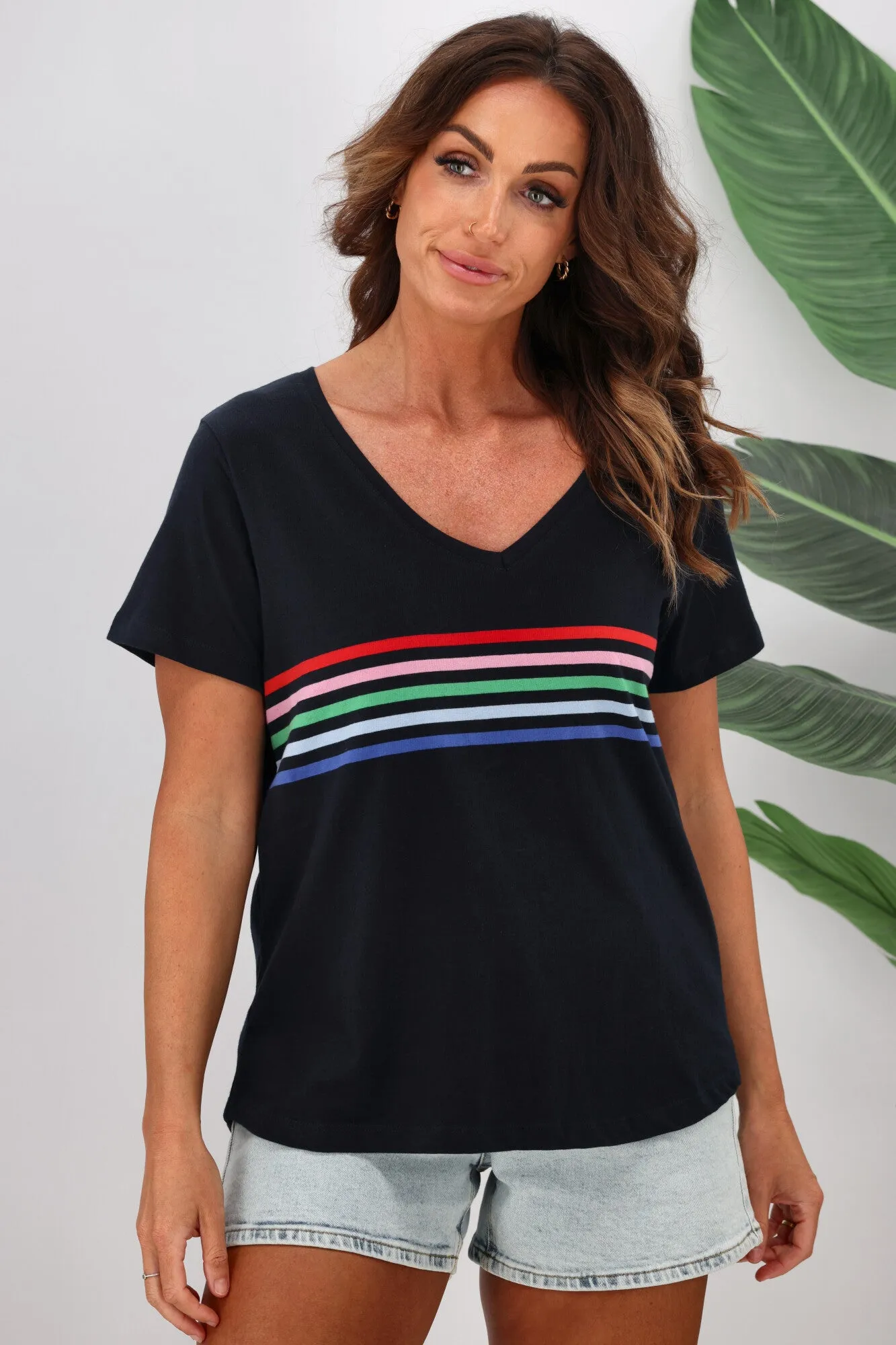 Elm Vertical Vee Neck Rainbow Stripe Tee Navy