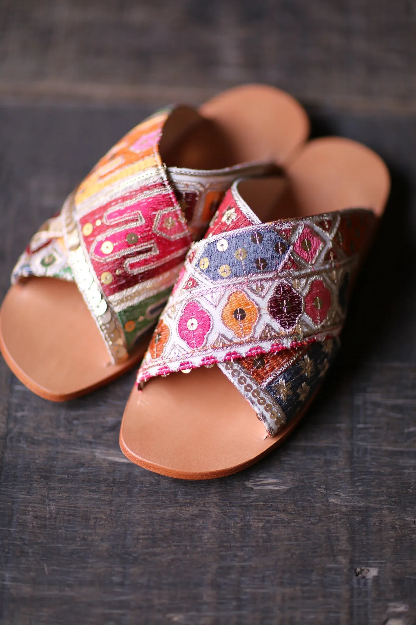 EMBROIDERED LEATHER SLIP ON SANDALS TRIBECA