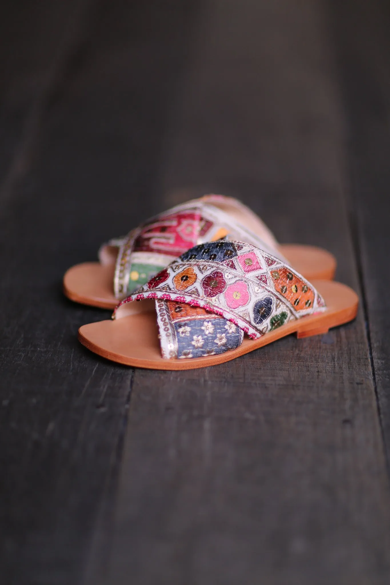 EMBROIDERED LEATHER SLIP ON SANDALS TRIBECA