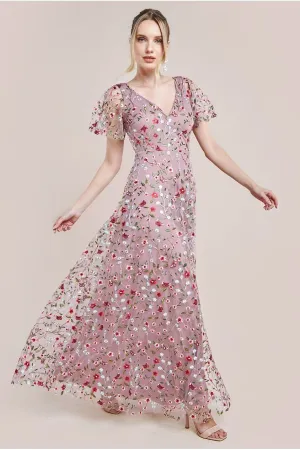 Flutter Sleeve Floral Embroidered Maxi - Rose Pink by Goddiva