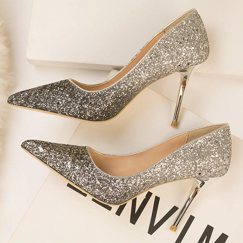 Four Seasons Fine High Heels Women 9cm Elegant Ladies Gradient Sequins Pointed Toe Wedding Bridesmaid Shoes