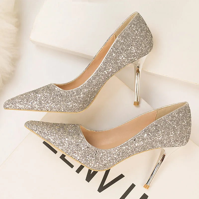 Four Seasons Fine High Heels Women 9cm Elegant Ladies Gradient Sequins Pointed Toe Wedding Bridesmaid Shoes