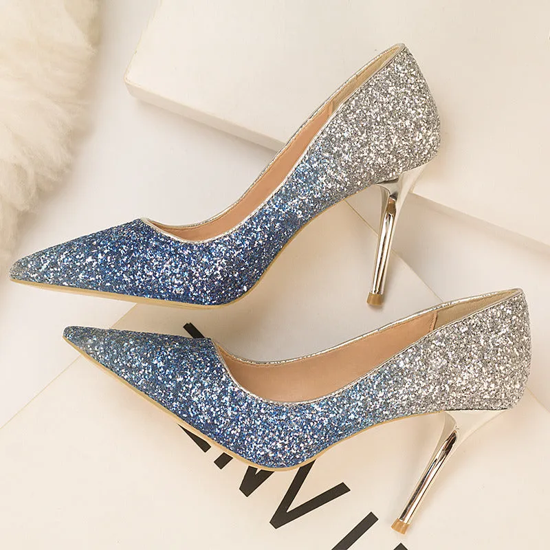 Four Seasons Fine High Heels Women 9cm Elegant Ladies Gradient Sequins Pointed Toe Wedding Bridesmaid Shoes