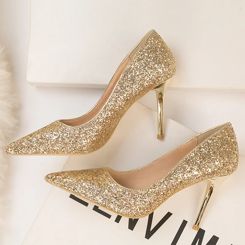 Four Seasons Fine High Heels Women 9cm Elegant Ladies Gradient Sequins Pointed Toe Wedding Bridesmaid Shoes