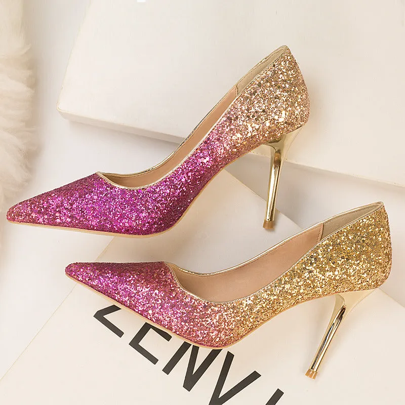 Four Seasons Fine High Heels Women 9cm Elegant Ladies Gradient Sequins Pointed Toe Wedding Bridesmaid Shoes