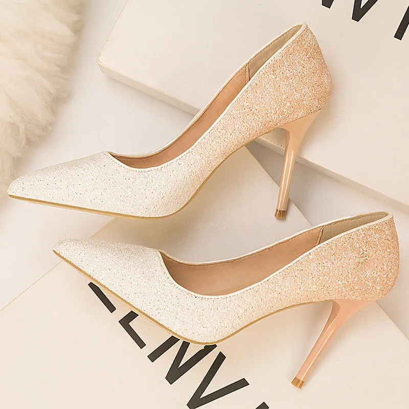 Four Seasons Fine High Heels Women 9cm Elegant Ladies Gradient Sequins Pointed Toe Wedding Bridesmaid Shoes