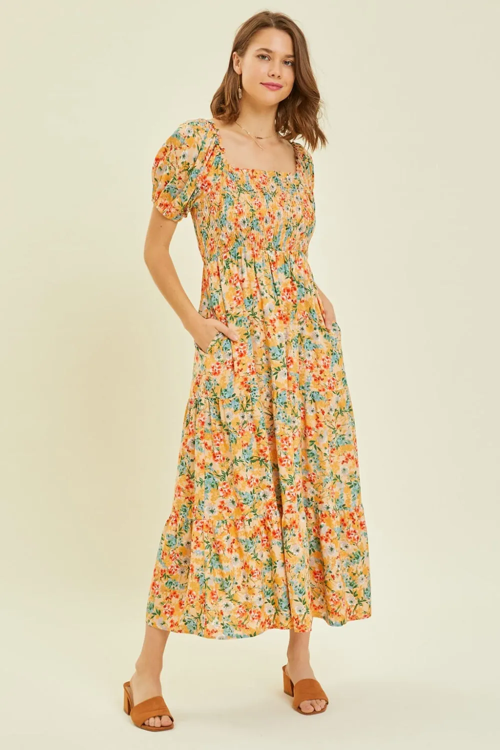 Full Size Floral Smocked Tiered Midi Dress