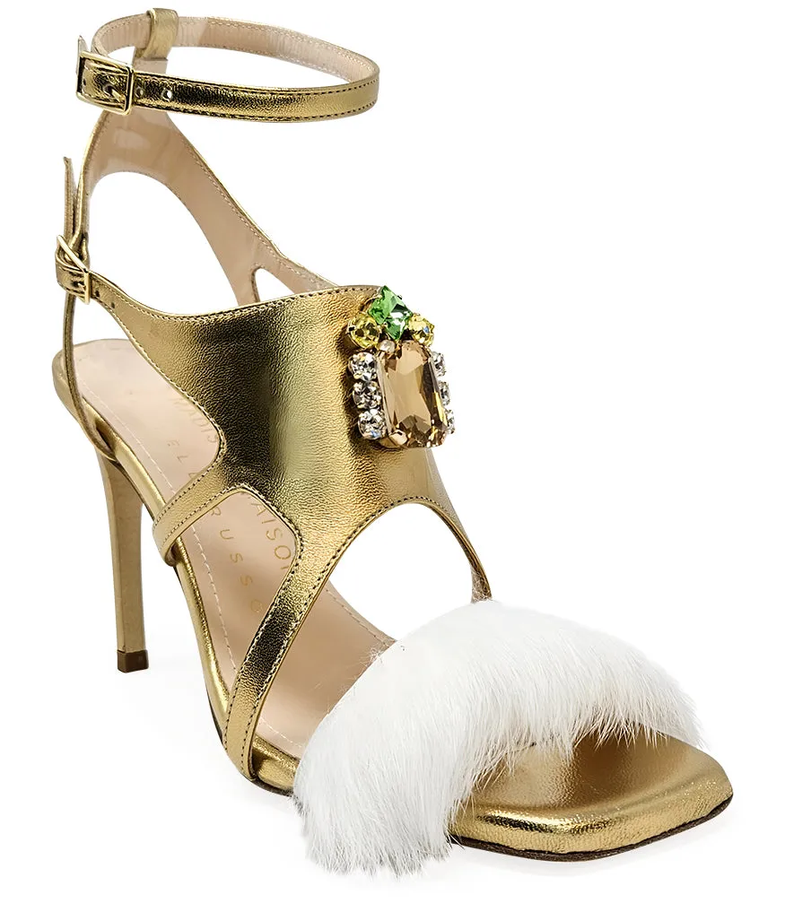 Gold Leather Open Toe Feather Pump