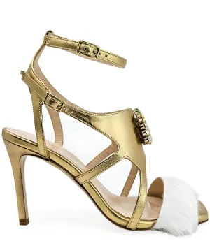 Gold Leather Open Toe Feather Pump