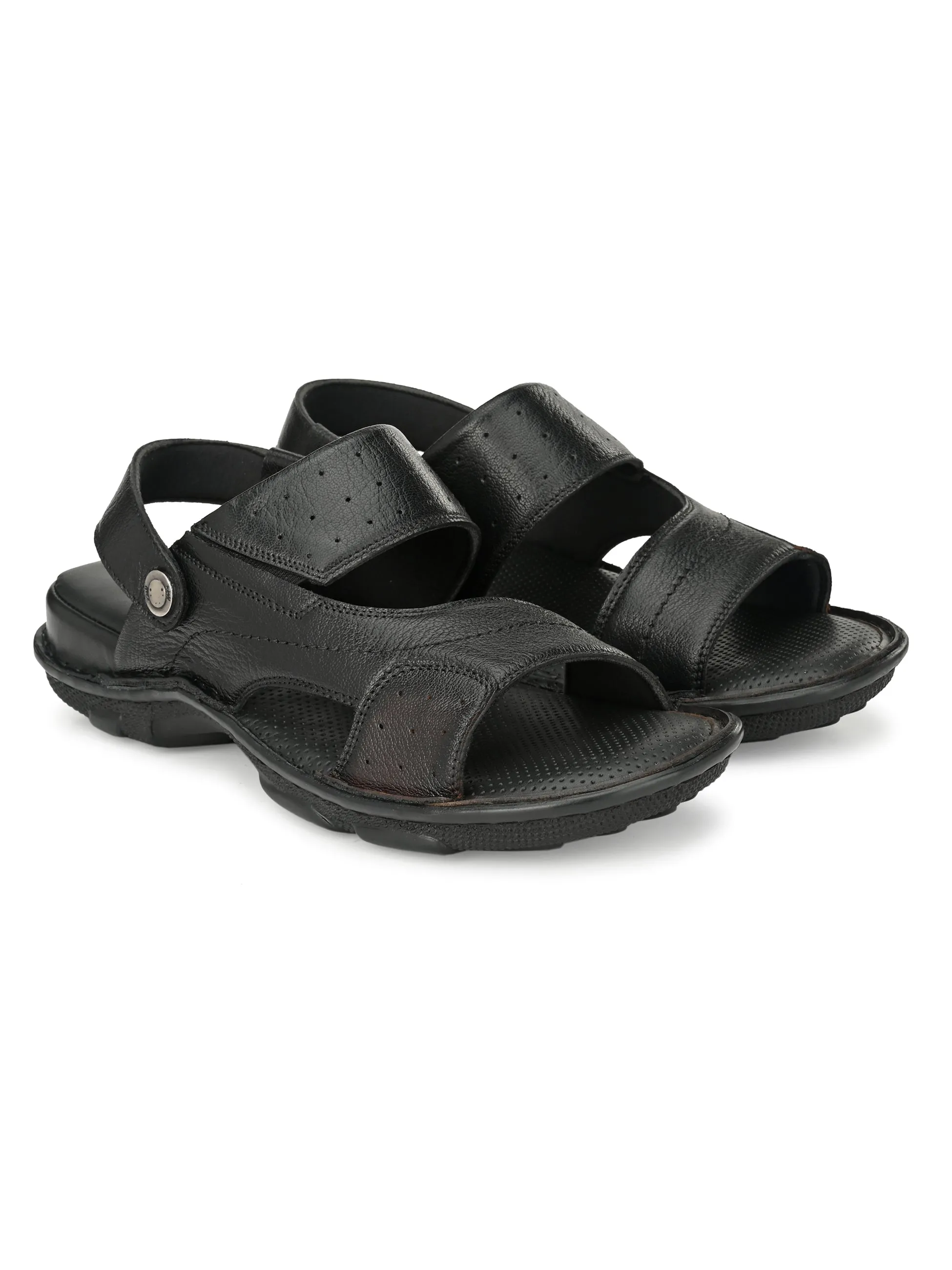 Hitz Men's Black Leather Open Toe Slip-On Comfort Sandals