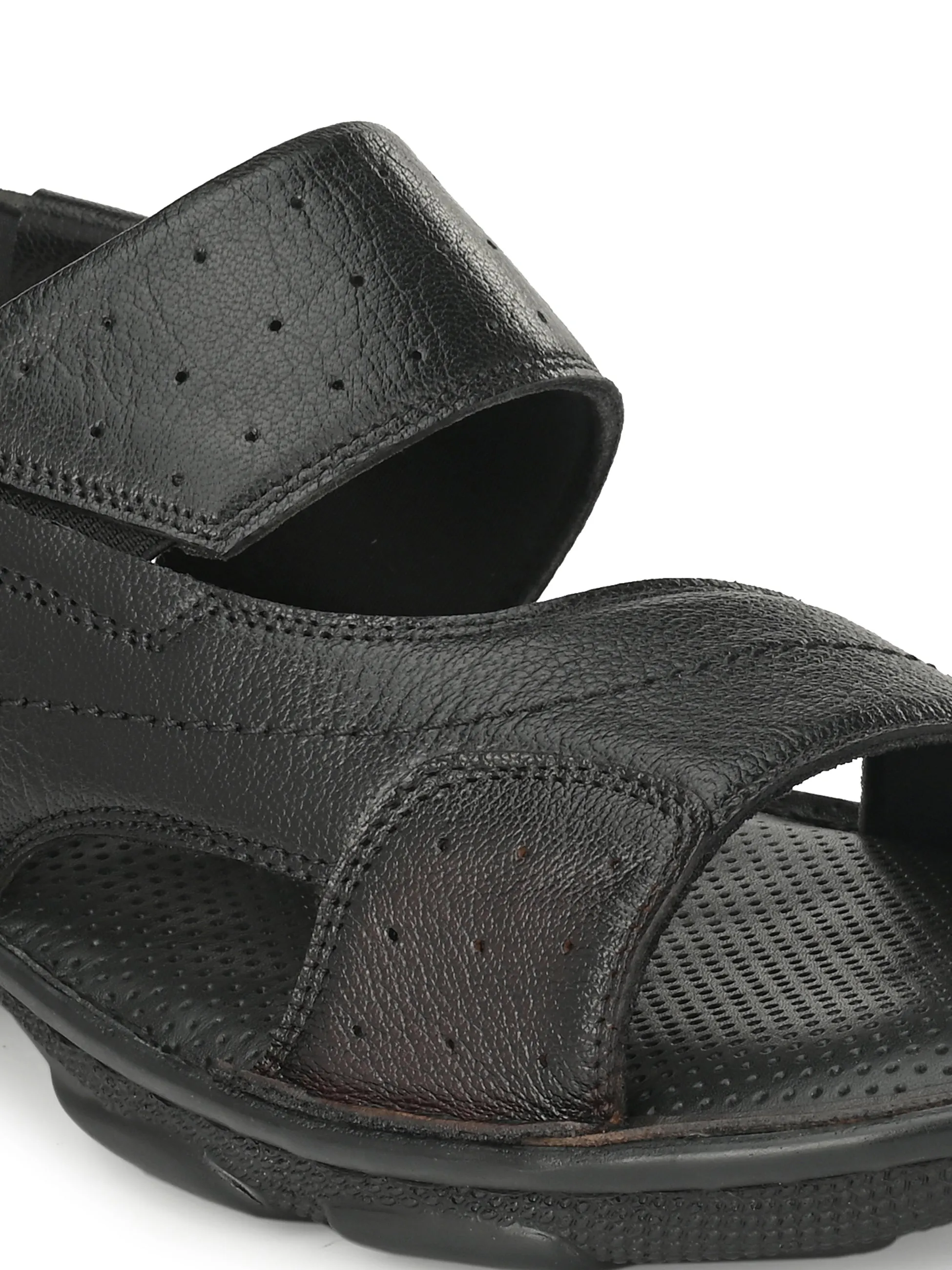 Hitz Men's Black Leather Open Toe Slip-On Comfort Sandals