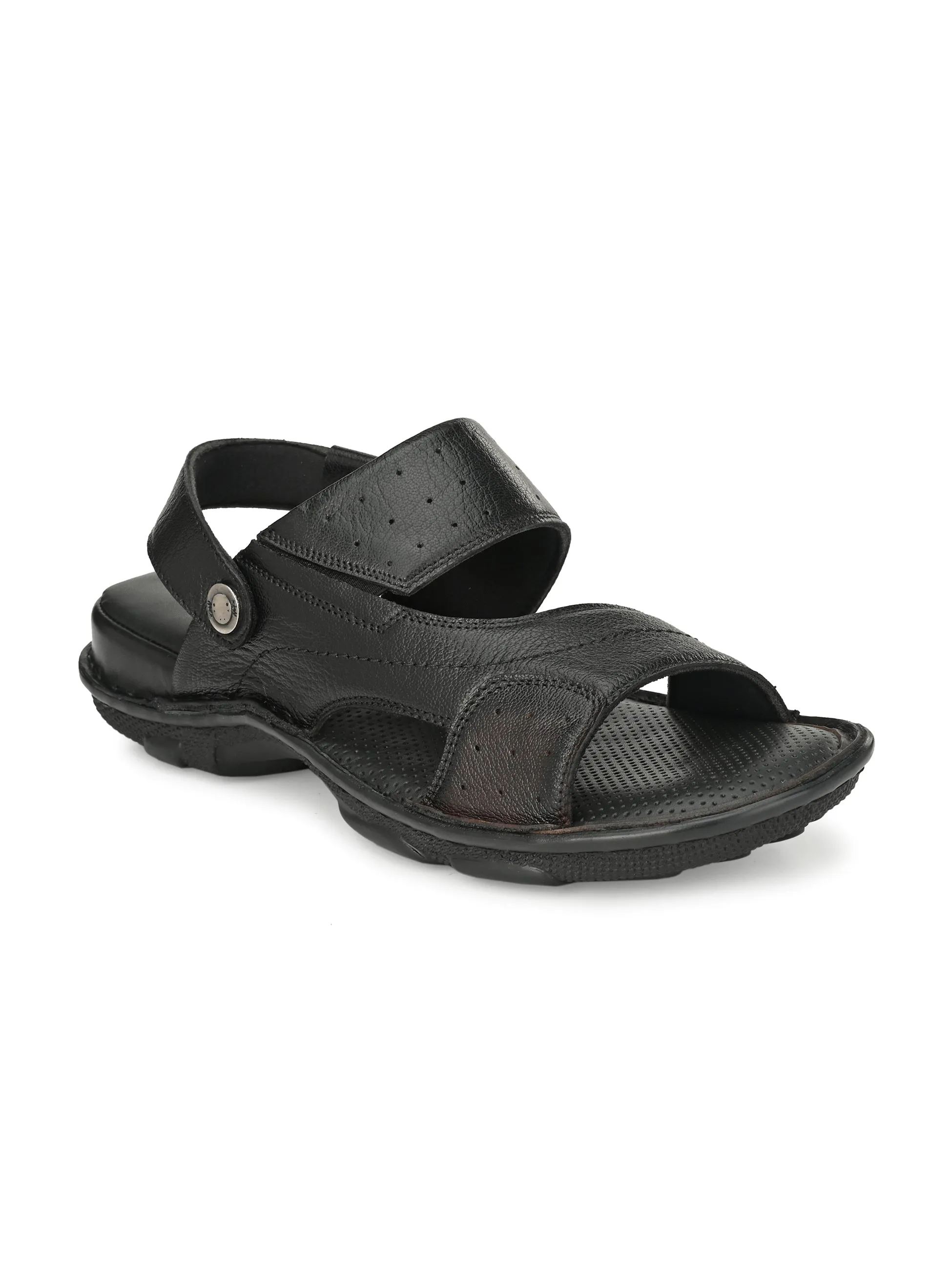 Hitz Men's Black Leather Open Toe Slip-On Comfort Sandals