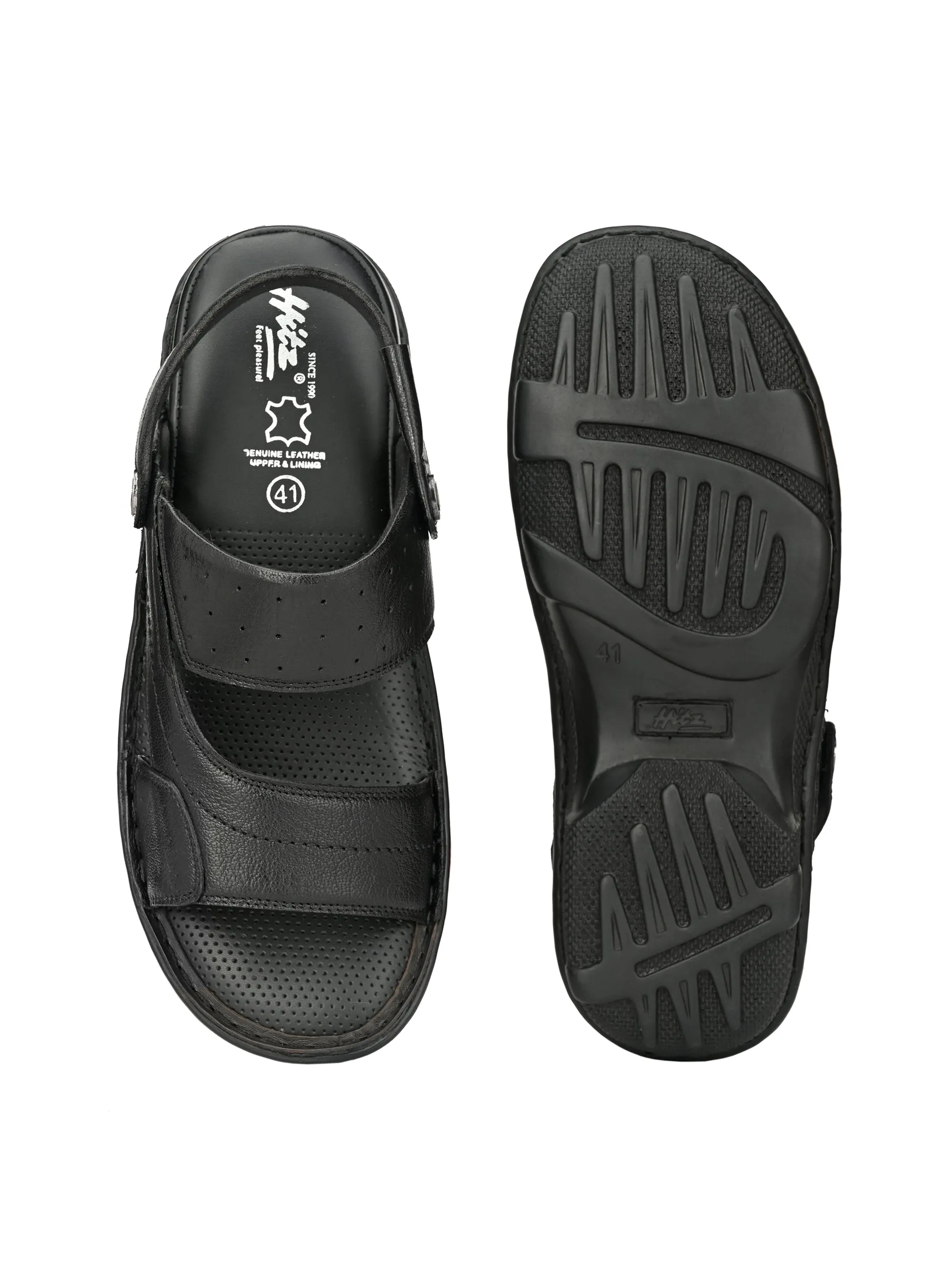 Hitz Men's Black Leather Open Toe Slip-On Comfort Sandals