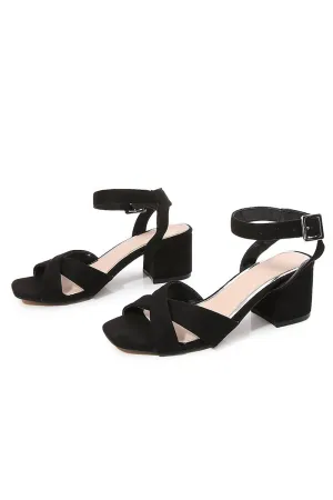 JOSKAA Woman Elegant high heel Black Cross Ankle Strap Chunky Heeled Sandals