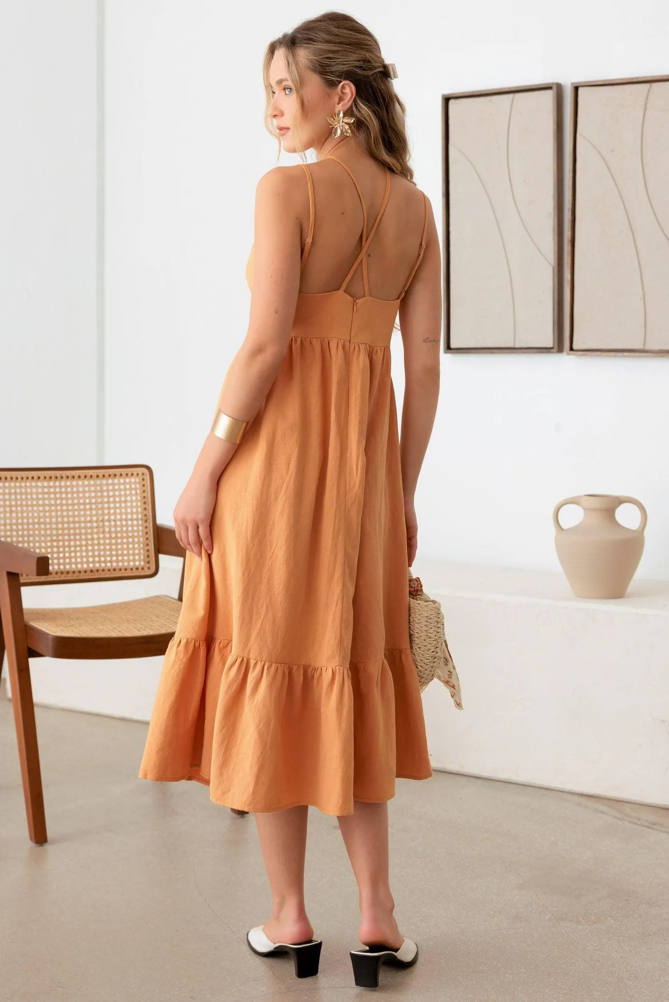 Linen Double Spaghetti Tiered Midi Dress