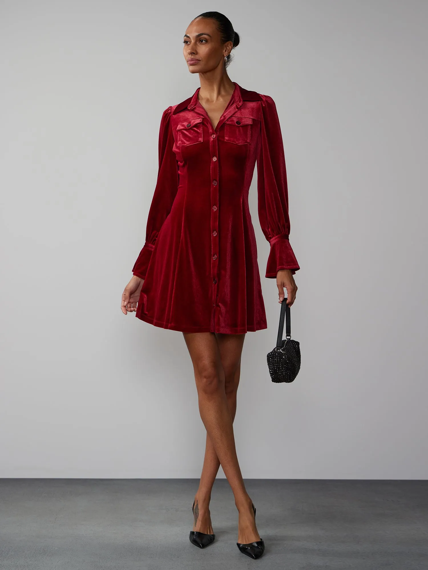 Long Sleeve Velvet Shirt Dress