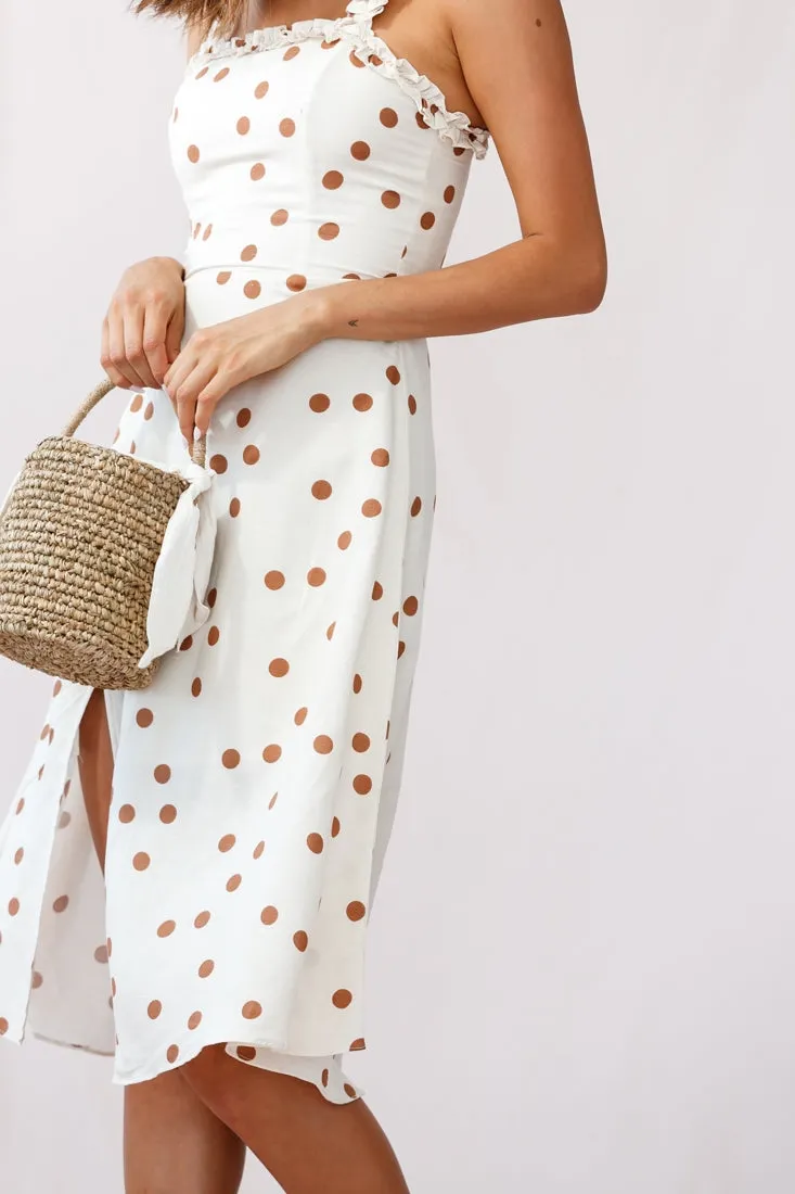 Magdalene Frill Strap A-Line Midi Dress Polka Dot Print Beige