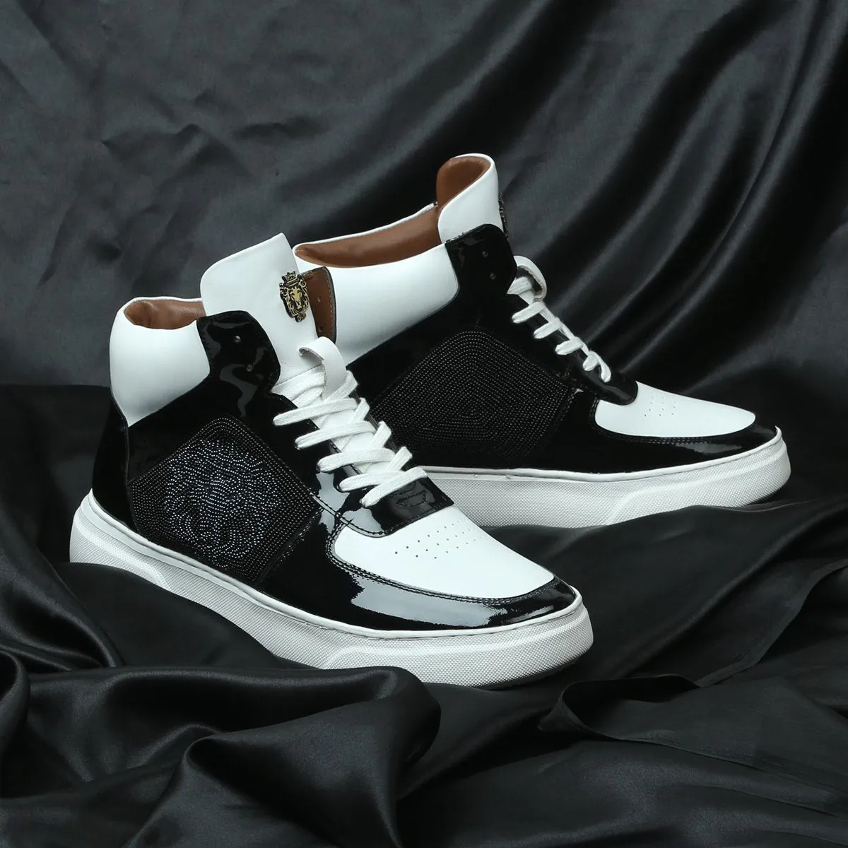 Men's Black White Patent Leather detailing Mid Top Sneakers By Brune & Bareskin