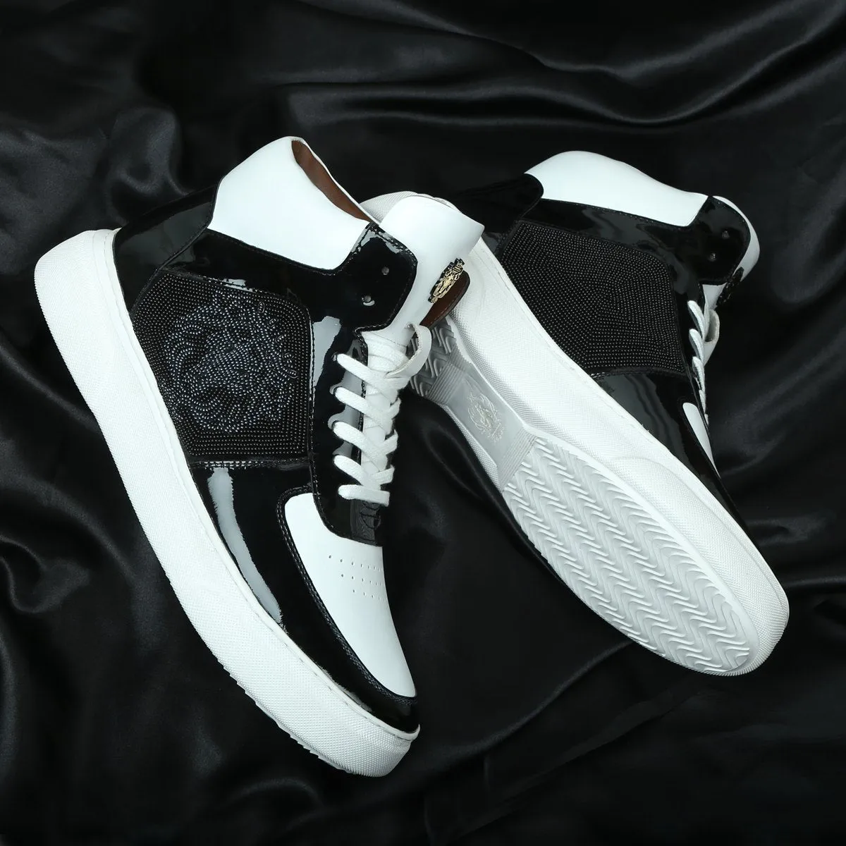 Men's Black White Patent Leather detailing Mid Top Sneakers By Brune & Bareskin