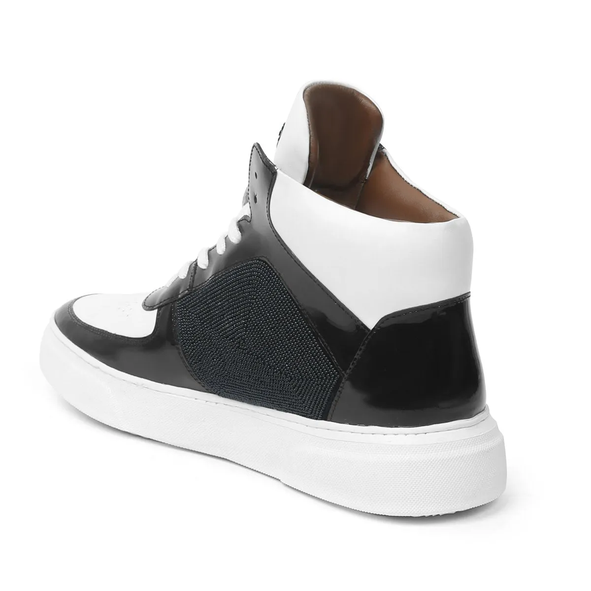 Men's Black White Patent Leather detailing Mid Top Sneakers By Brune & Bareskin