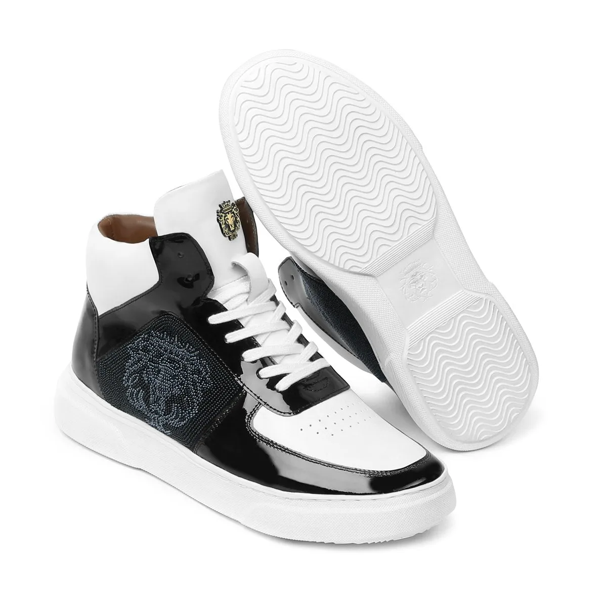 Men's Black White Patent Leather detailing Mid Top Sneakers By Brune & Bareskin