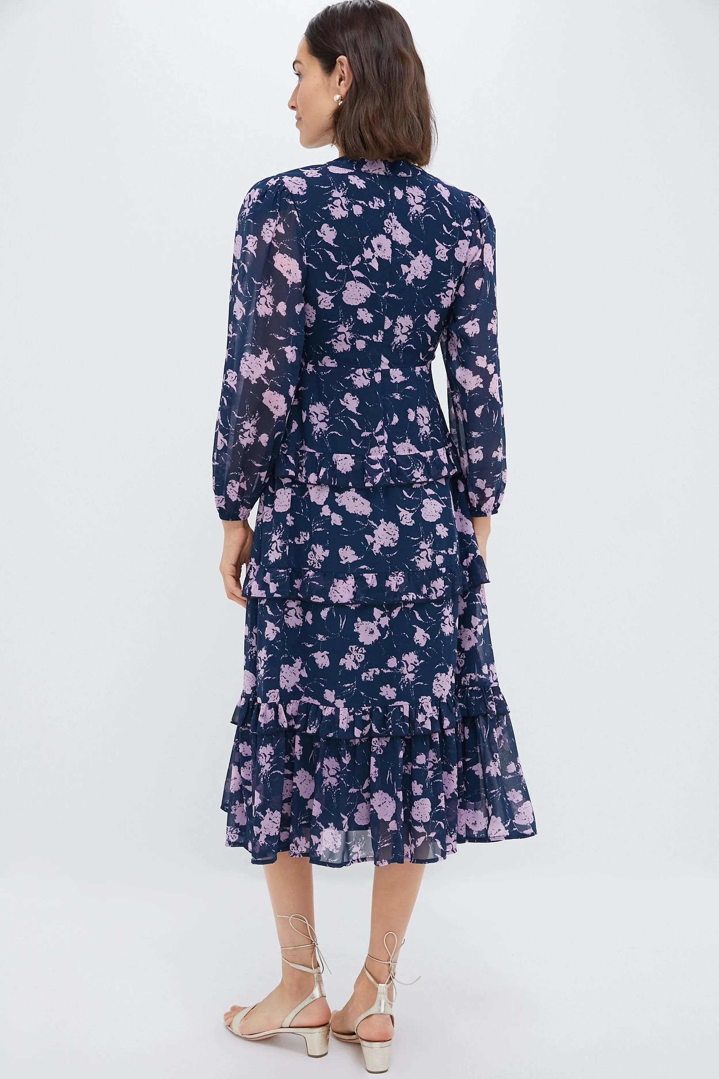 Navy & Blush Abstract Floral Rosalind Ruffle Maxi Dress