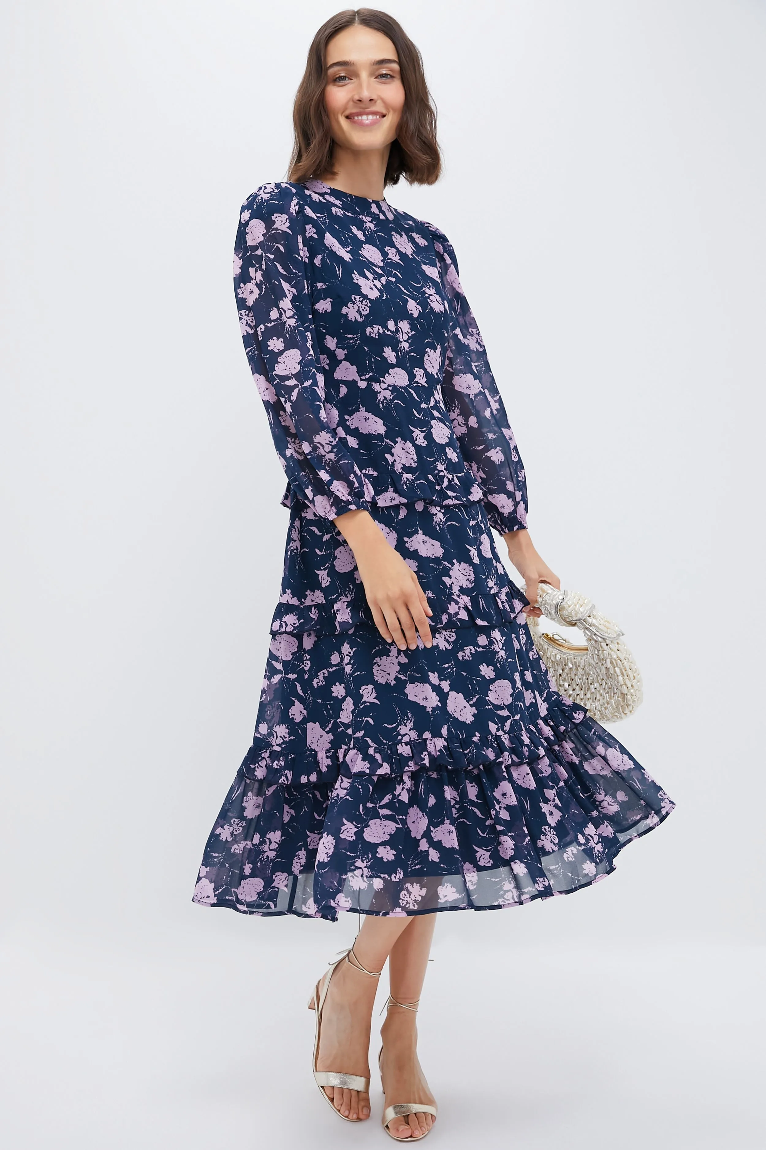 Navy & Blush Abstract Floral Rosalind Ruffle Maxi Dress