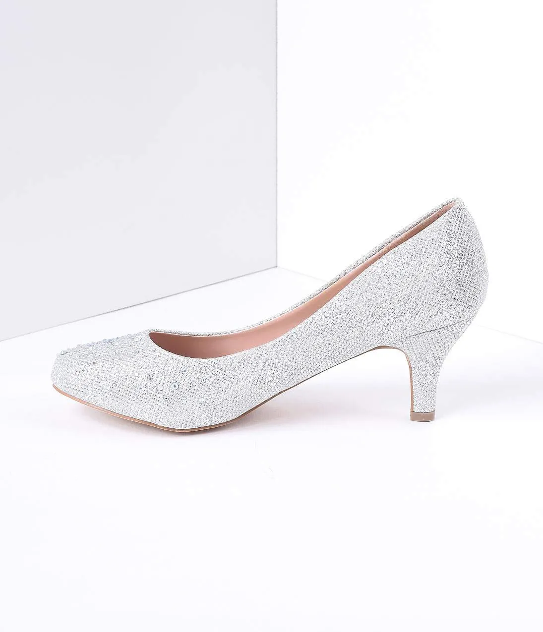 Silver Metallic Rhinestone Doris Kitten Heels