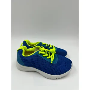 Small Kid Size 12, Blue and Neon Trim Sneakers, Neon Laces, White Sole