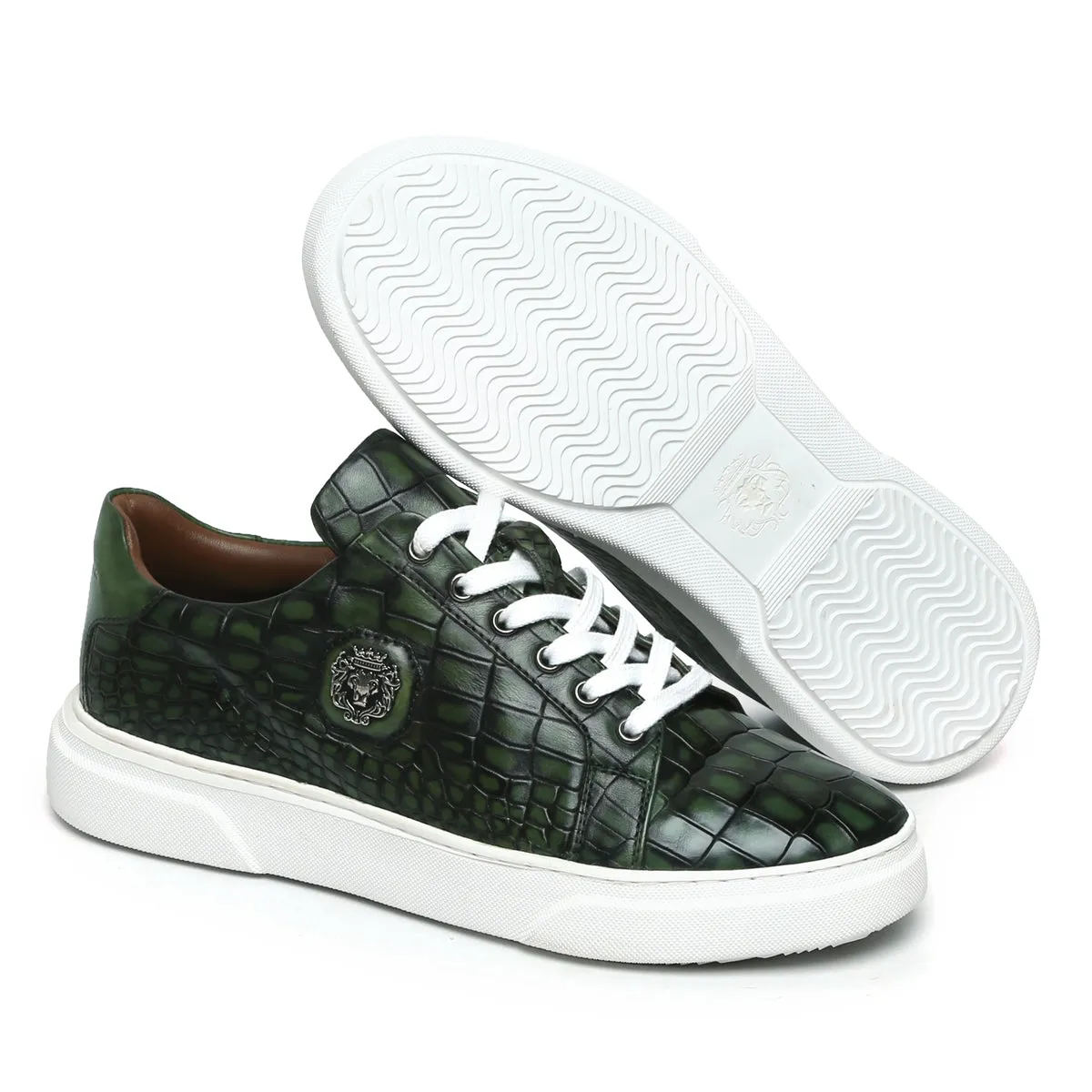 Smokey Green Finish Leather White Sole Low Top Sneakers by Brune & Bareskin