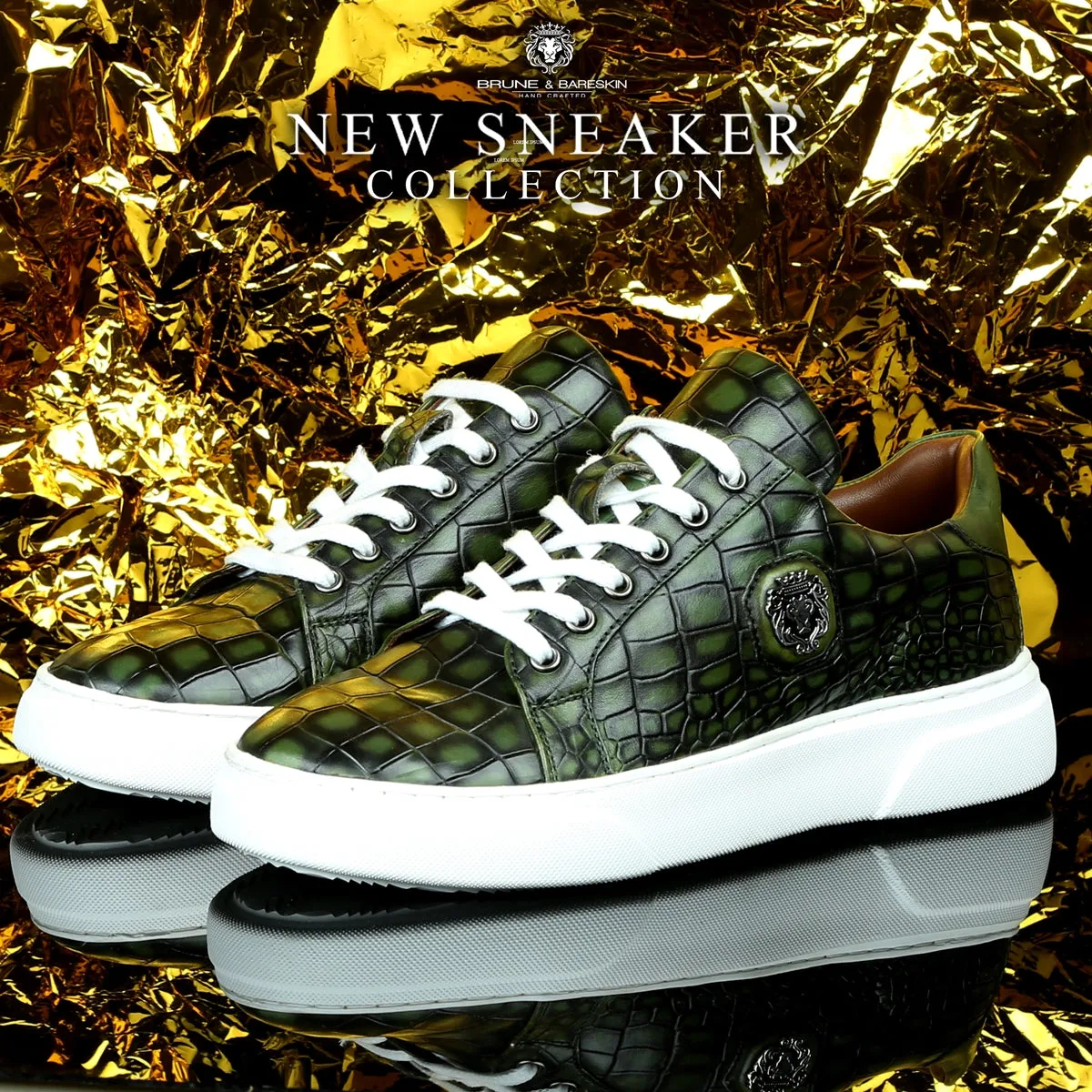 Smokey Green Finish Leather White Sole Low Top Sneakers by Brune & Bareskin