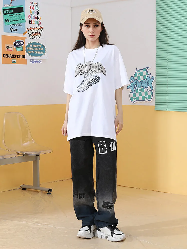 Sneakers monogram print loose shoulder drop cotton round neck T-shirt