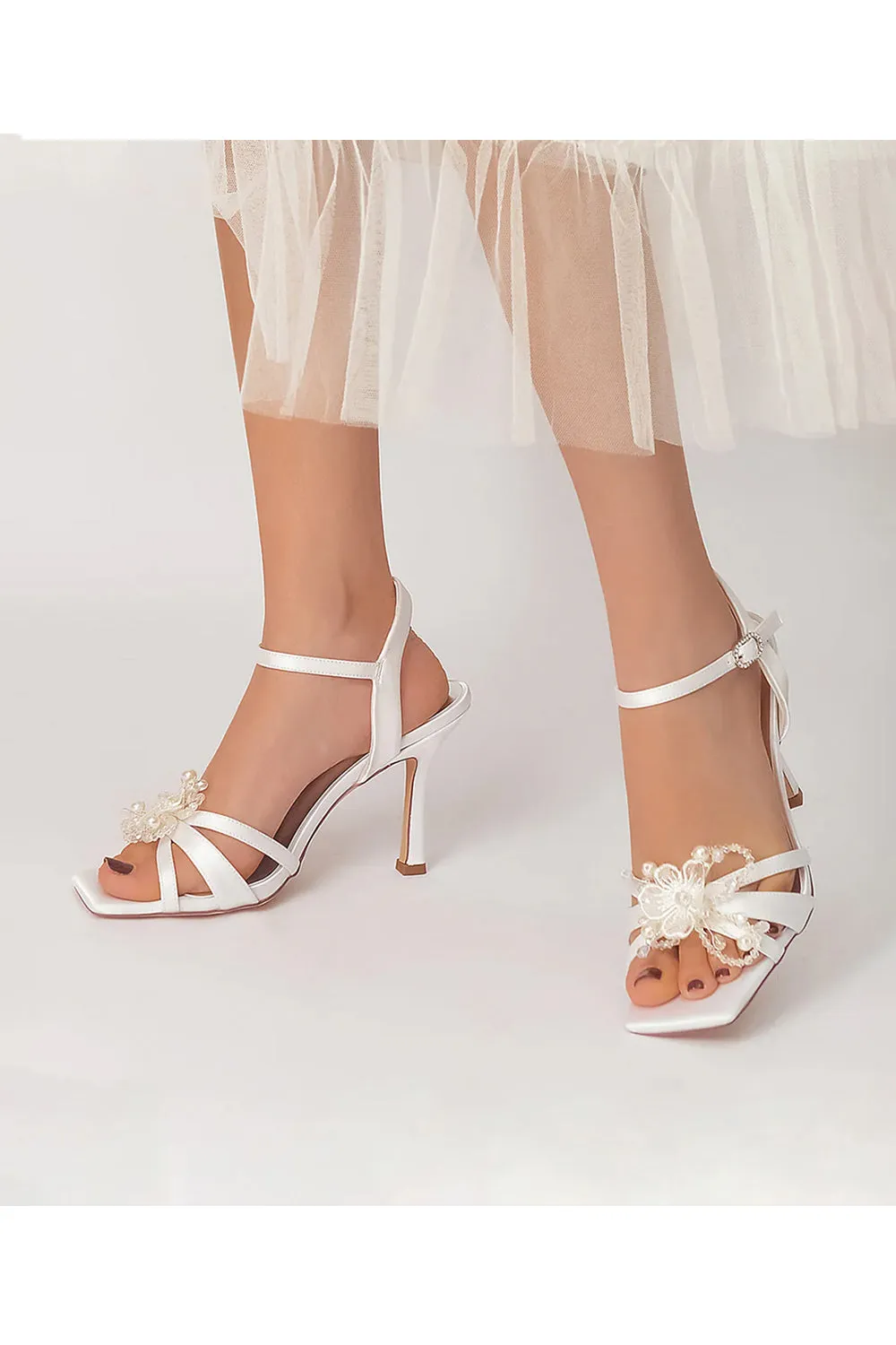 Square Toe Floral Beaded Ankle Strap High Heels