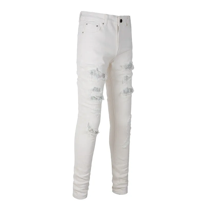 White Distressed Rhinestone Slim Jeans