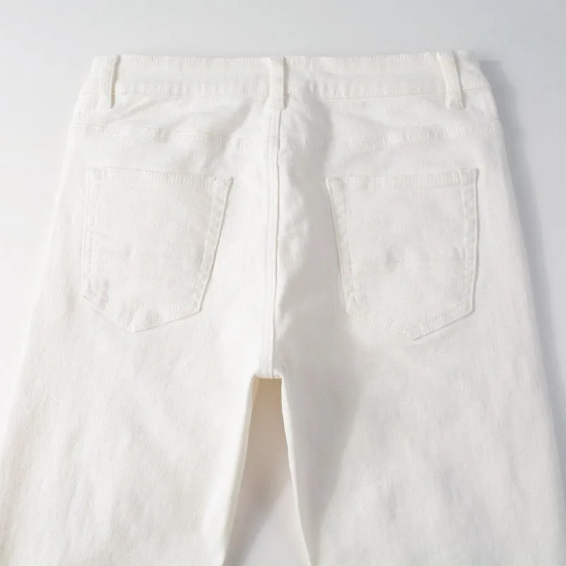 White Distressed Rhinestone Slim Jeans