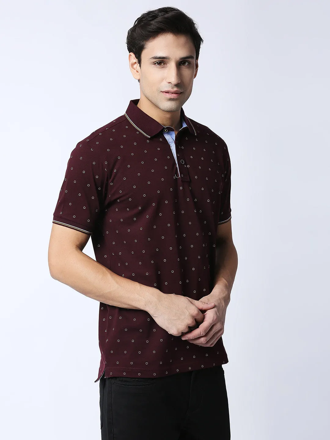 Wine Cotton Lycra Printed Polo T-shirt